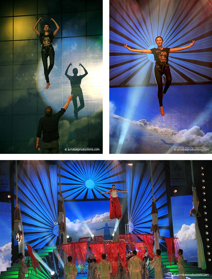 Ex Miss Universe Sushmita Sen. Flying at the I Am She brand launch in Bombay with Acrobat Productions